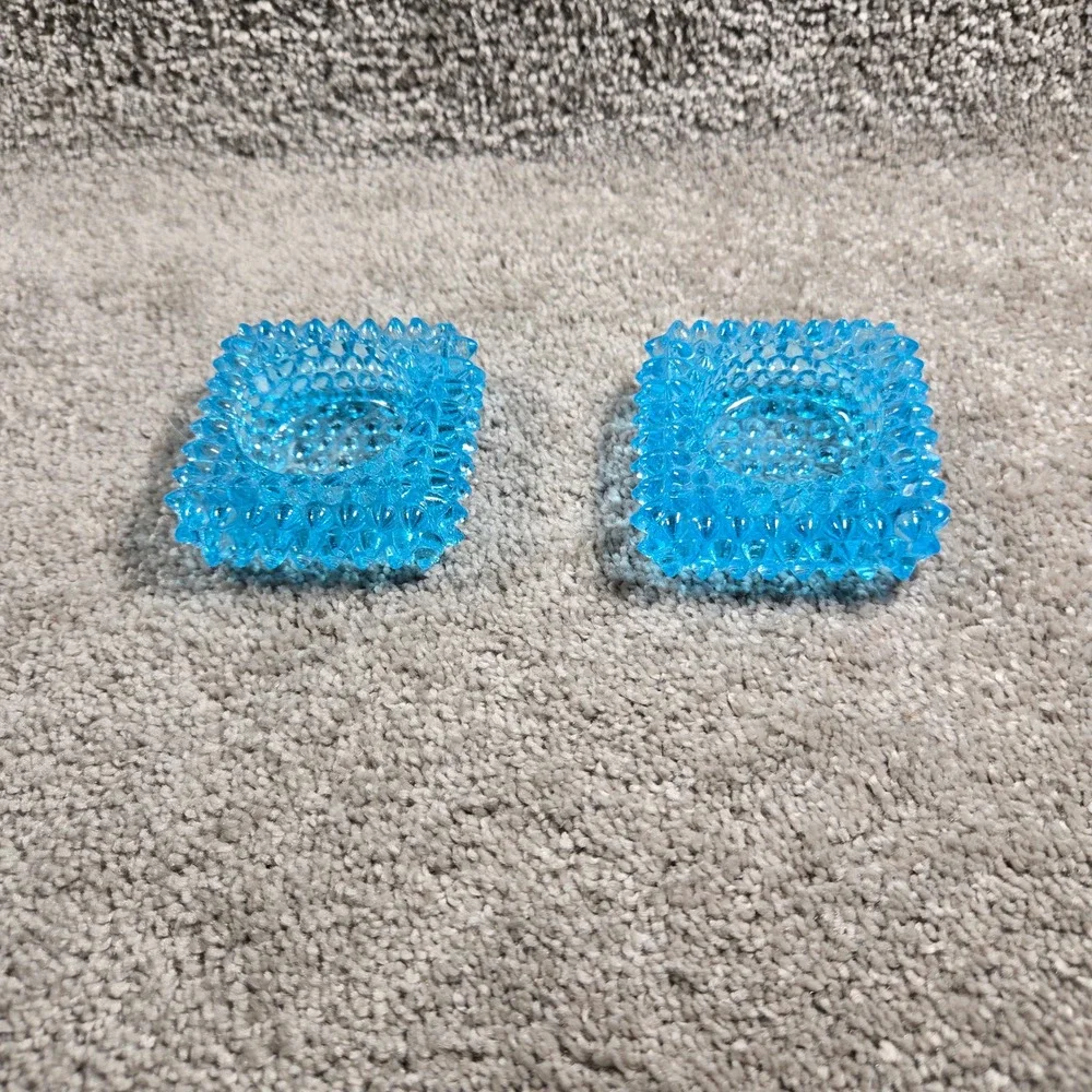 Vintage Hobnail Glass Candle Holder Set Turquoise Blue Square Votive Pair